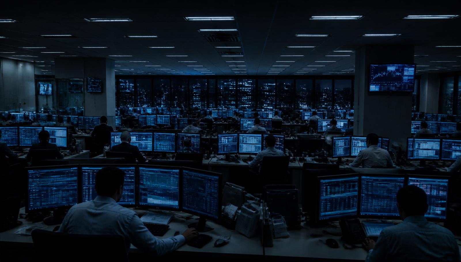 Deutscorp Bank operations and trading floor at night